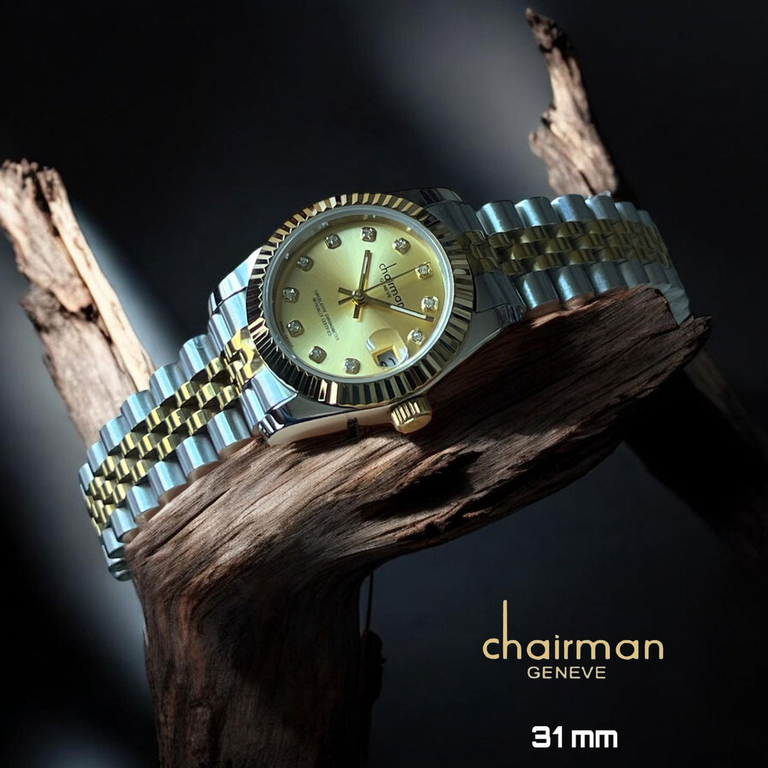 Chairman Geneve Dated Golden Stone Dial Silver And Gold Chain Ladies Watch