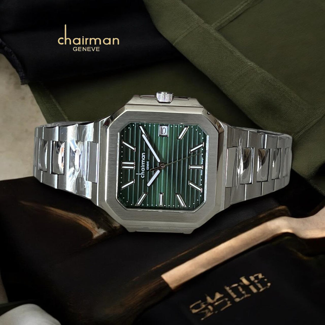 Chairman Geneve Dated Green Arabic Dial Silver Chain Gents Watch