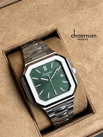 Chairman Geneve Dated Green Dial Silver Chain Gents Watch