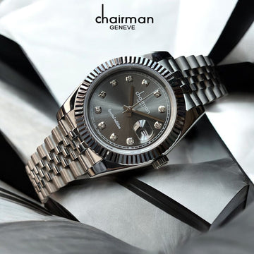 Chairman Geneve Dated Grey Stone Dial Silver Chain Gents Watch