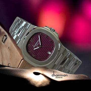 Chairman Geneve Dated Maroon Arabic Dial Silver Strap Gents Watch