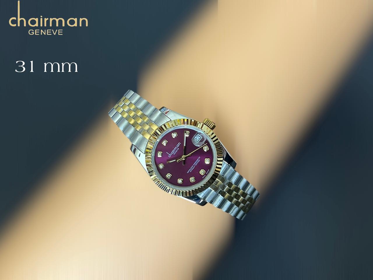 Chairman Geneve Dated Maroon Dial Silver And Gold Strap Gents Watch