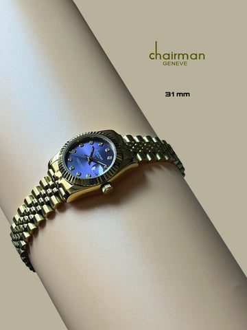 Chairman Geneve Dated Purple Stone Dial Gold Chain Ladies Watch