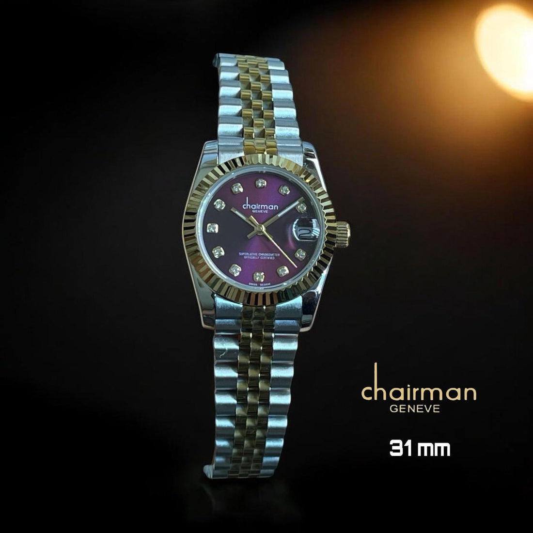Chairman Geneve Dated Purple Stone Dial Silver And Gold Chain Ladies Watch