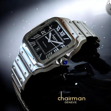 Chairman Geneve Dated Roman Black Dial Silver Chain Gents Watch