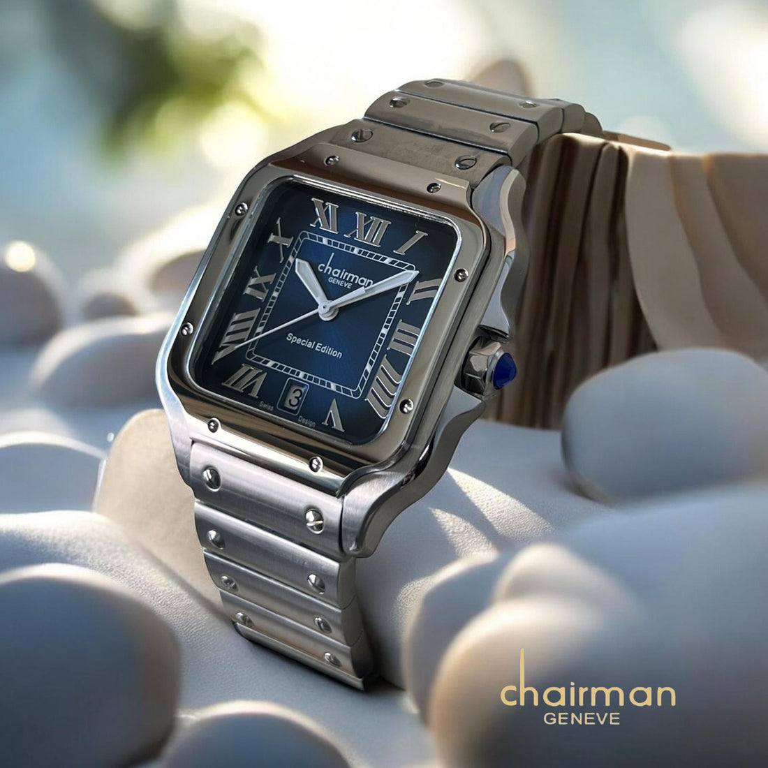 Chairman Geneve Dated Roman Blue Dial Silver Chain Gents Watch