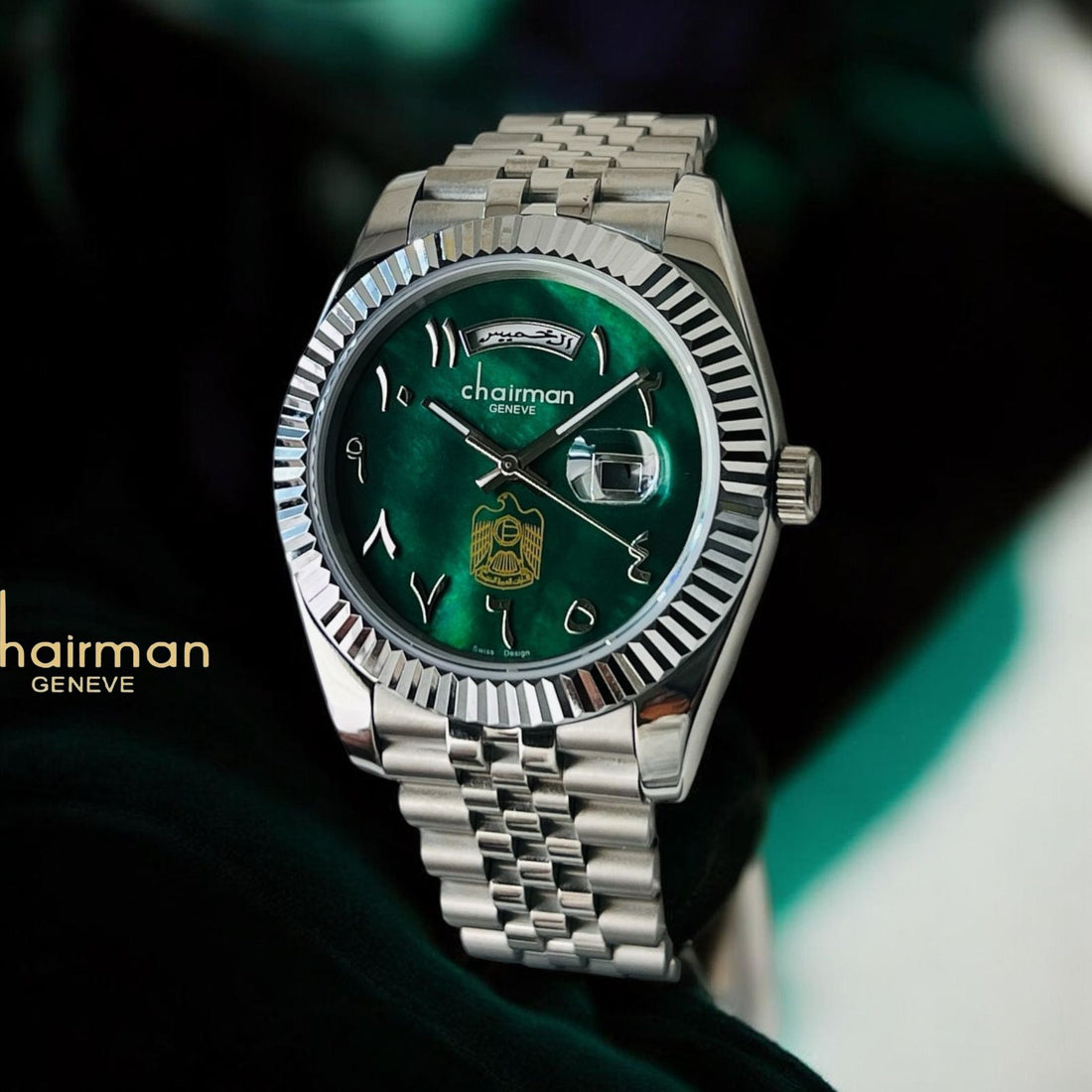 Chairman Geneve Dated UAE Emblem Arabic Green Dial Silver Chain Gents Watch