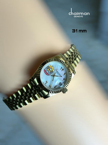 Chairman Geneve Dated UAE Emblem Arabic White Dial Golden Chain Ladies Watch