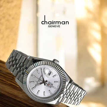 Chairman Geneve Dated UAE Emblem Grey Dial Silver Chain Gents Watch