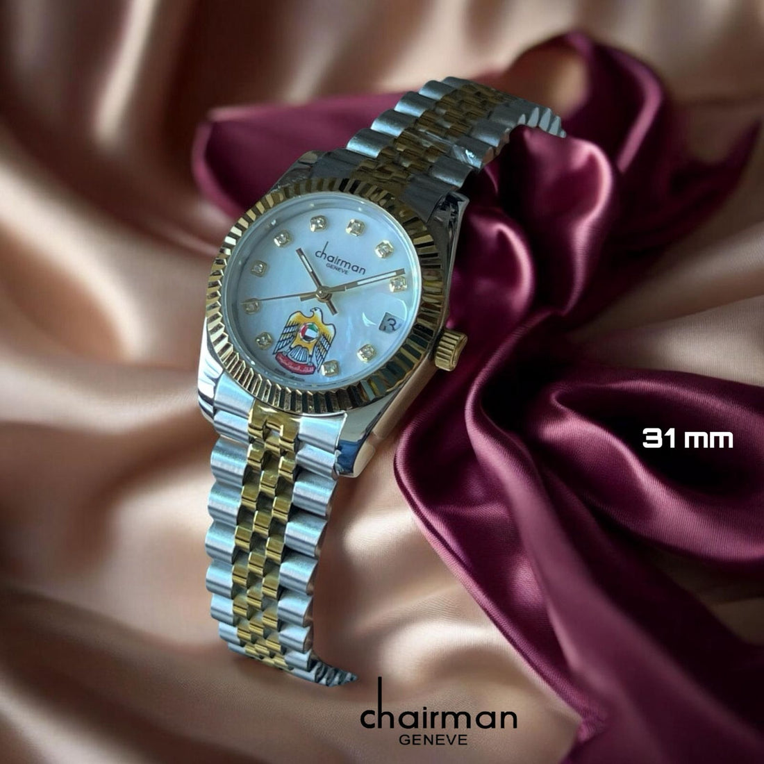 Chairman Geneve Dated UAE Emblem Stone White Dial Silver And Gold Chain Ladies Watch