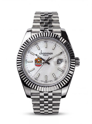 Chairman Geneve Dated UAE Emblem White Dial Silver Chain Gents Watch