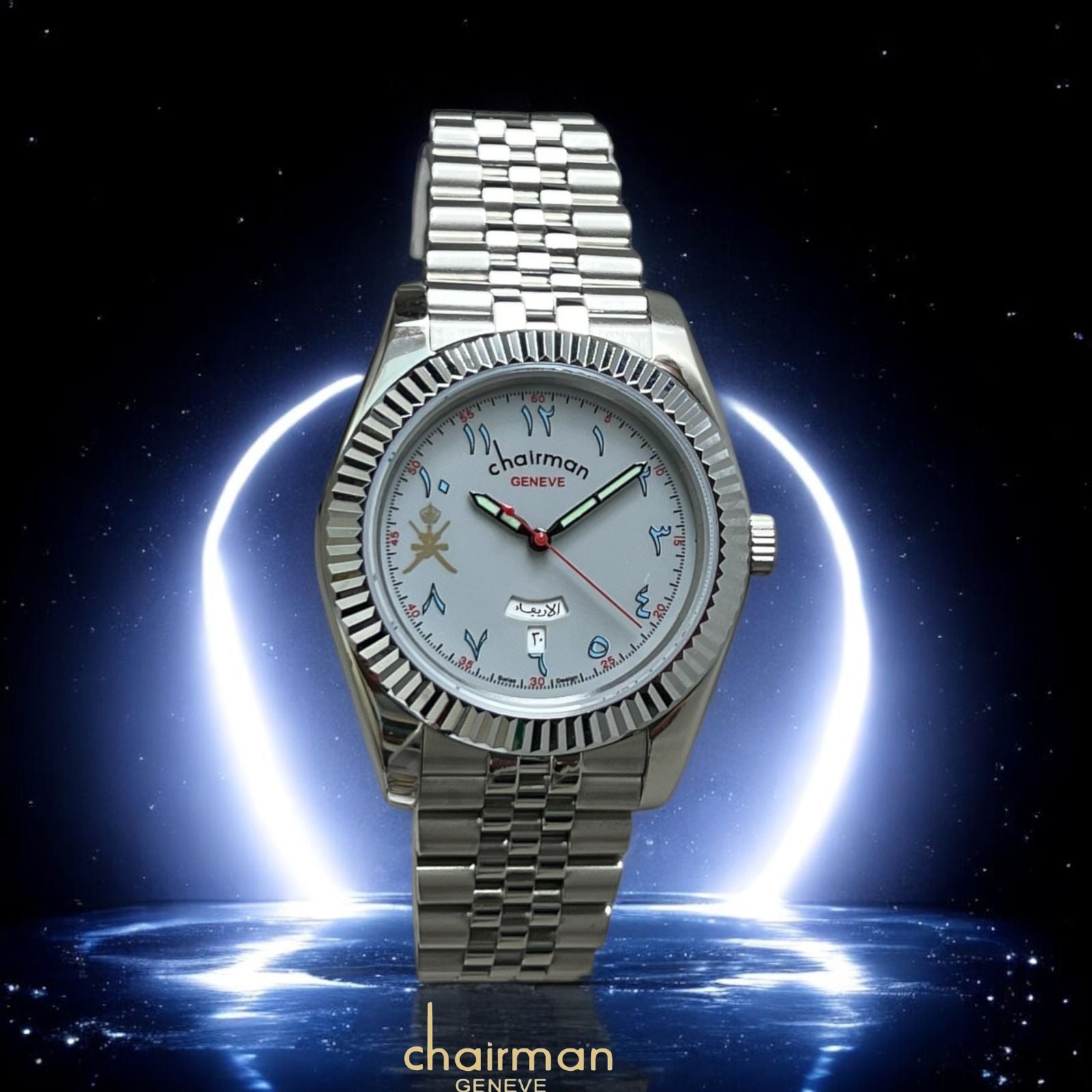 Chairman Geneve Dated White Arabic Dial Silver Chain Gents Watch
