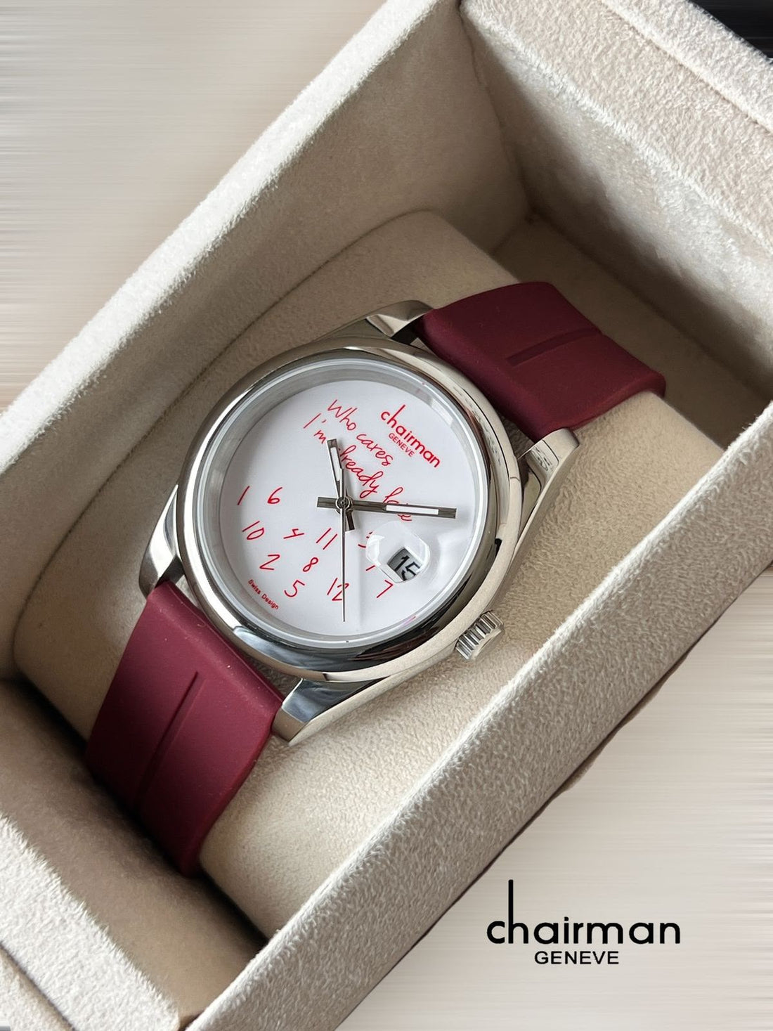 Chairman Geneve Dated White Dial Maroon Gents Watch