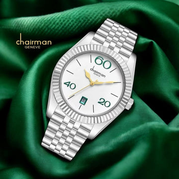 Chairman Geneve Dated White Dial Silver Chain Gents Watch