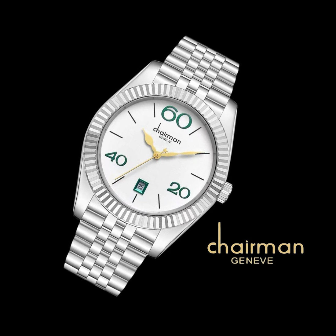 Chairman Geneve Dated White Dial Silver Chain Gents Watch