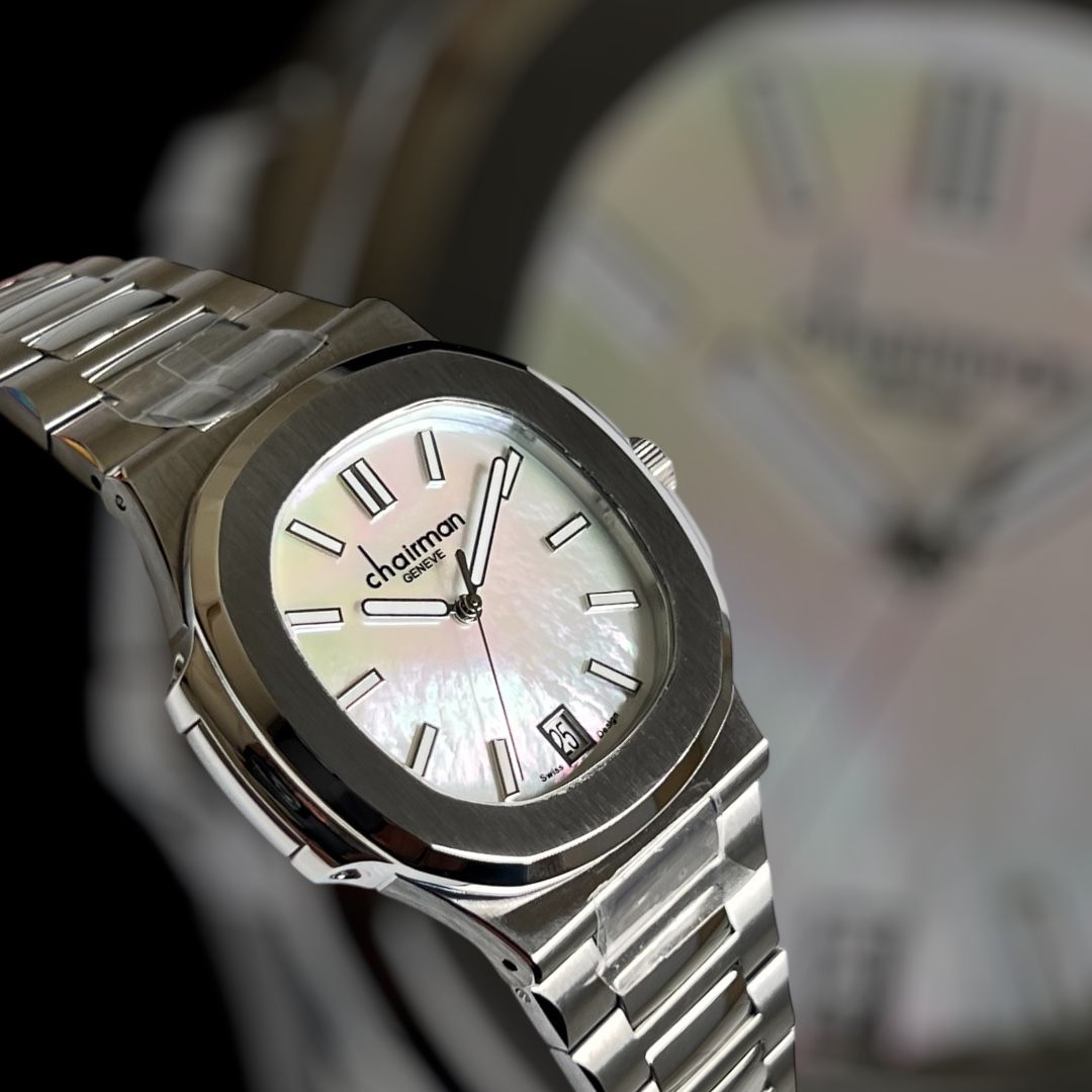 Chairman Geneve Dated White Marble Dial Silver Chain Gents Watch