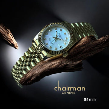 Chairman Geneve Dated White Stone Dial Gold Chain Ladies Watch