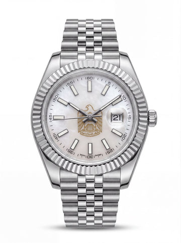 Chairman Geneve Dated White UAE Emblem Dial Silver Chain Gents Watch