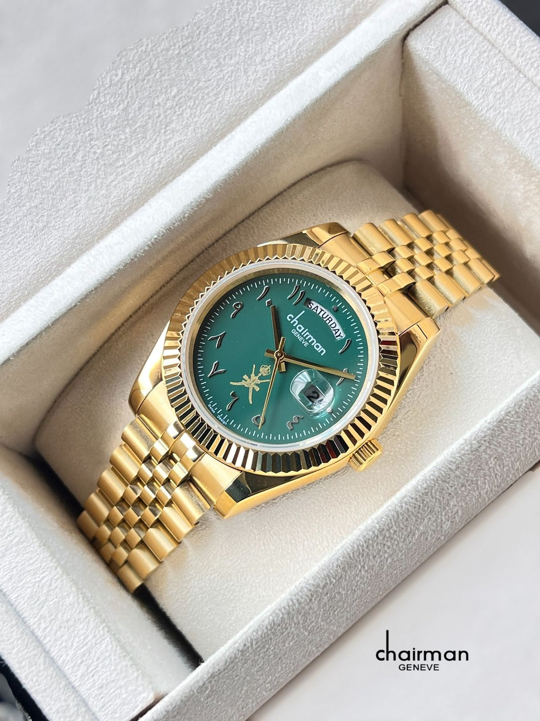 Chairman Geneve Day And Dated Arabic OMAN-Emblem Green Dial Gold Chain Gents Watch