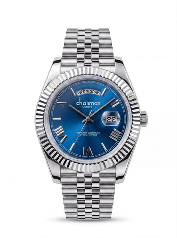 Chairman Geneve Day And Dated Roman Blue Dial Silver Chain Gents Watch