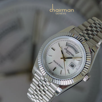 Chairman Geneve Day And Dated White Dial Silver Chain Gents Watch