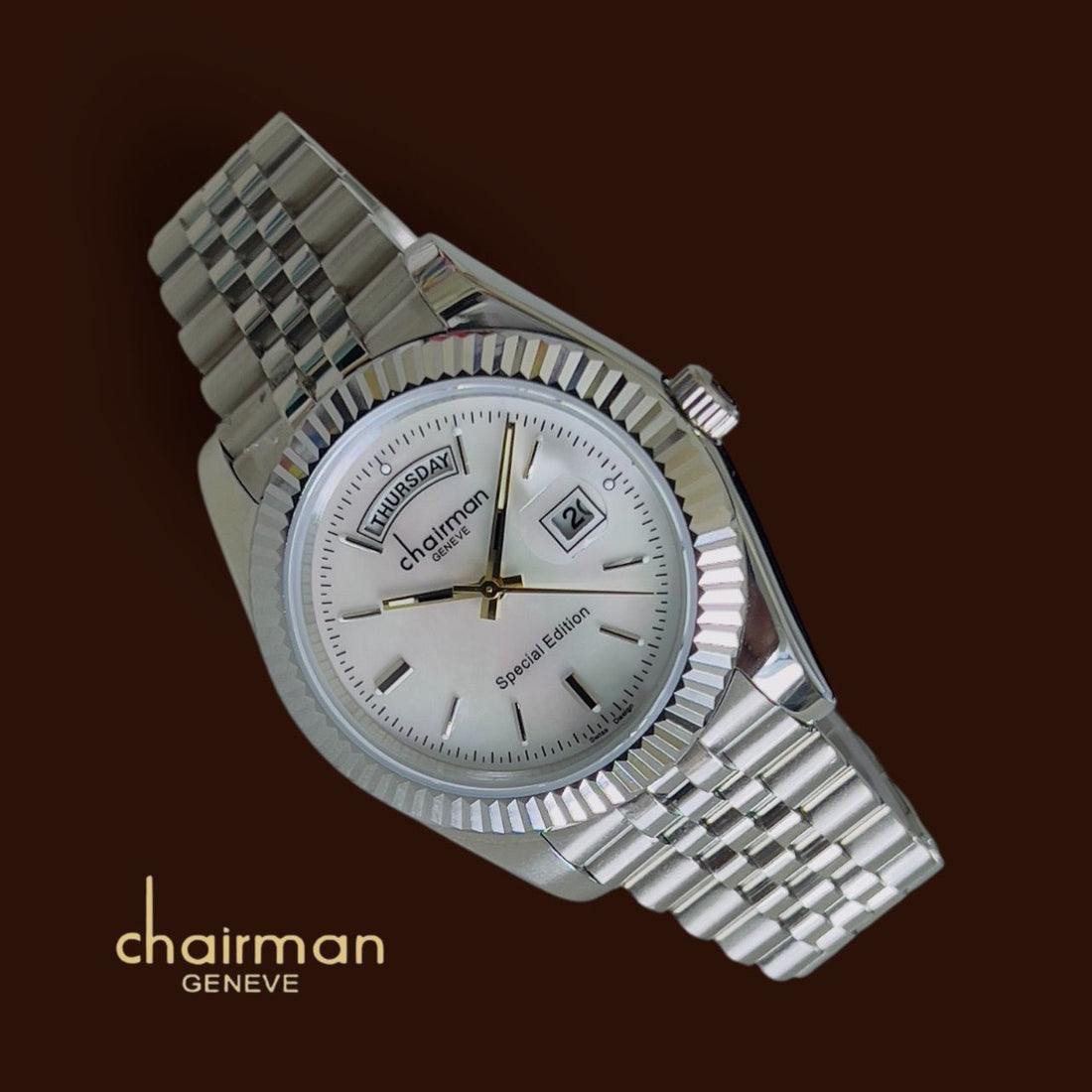 Chairman Geneve Day And Dated White Dial Silver Chain Gents Watch