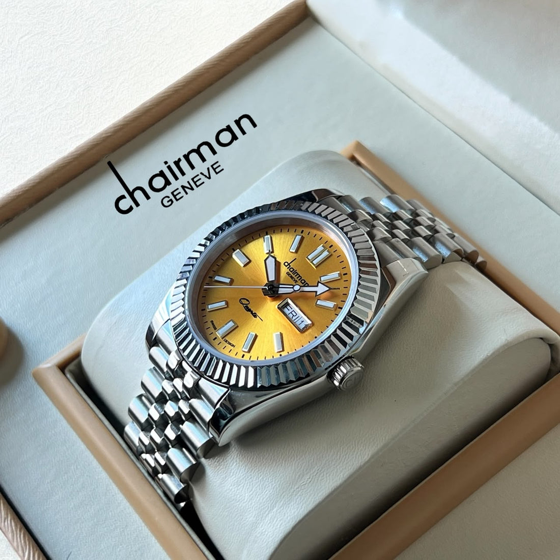 Chairman Geneve Day And Dated Yellow Dial Silver Chain Gents Watch