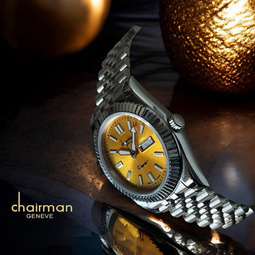 Chairman Geneve Day And Dated Yellow Dial Silver Chain Gents Watch