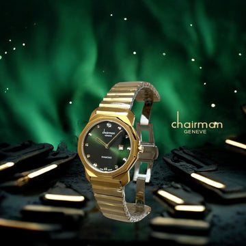 Chairman Geneve Diamond Dated Green Dial Gold Chain Ladies Watch
