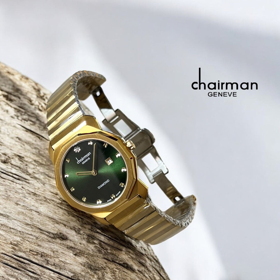 Chairman Geneve Diamond Dated Green Dial Gold Chain Ladies Watch