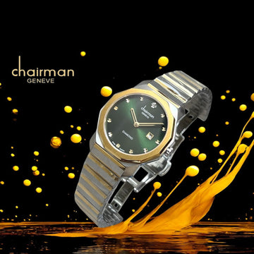 Chairman Geneve Diamond Dated Green Dial Silver And Gold Chain Ladies Watch