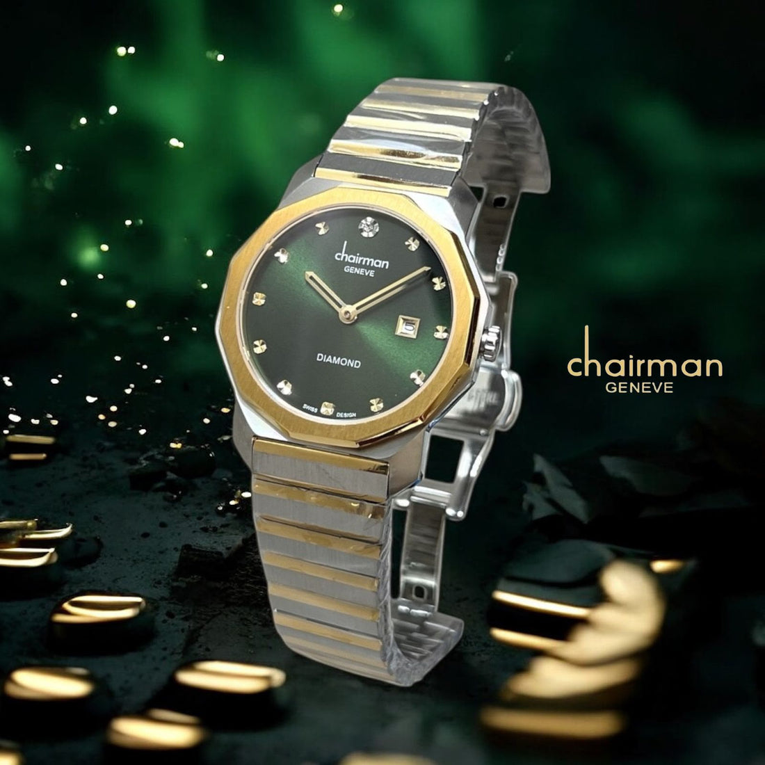 Chairman Geneve Diamond Dated Green Dial Silver And Gold Chain Ladies Watch