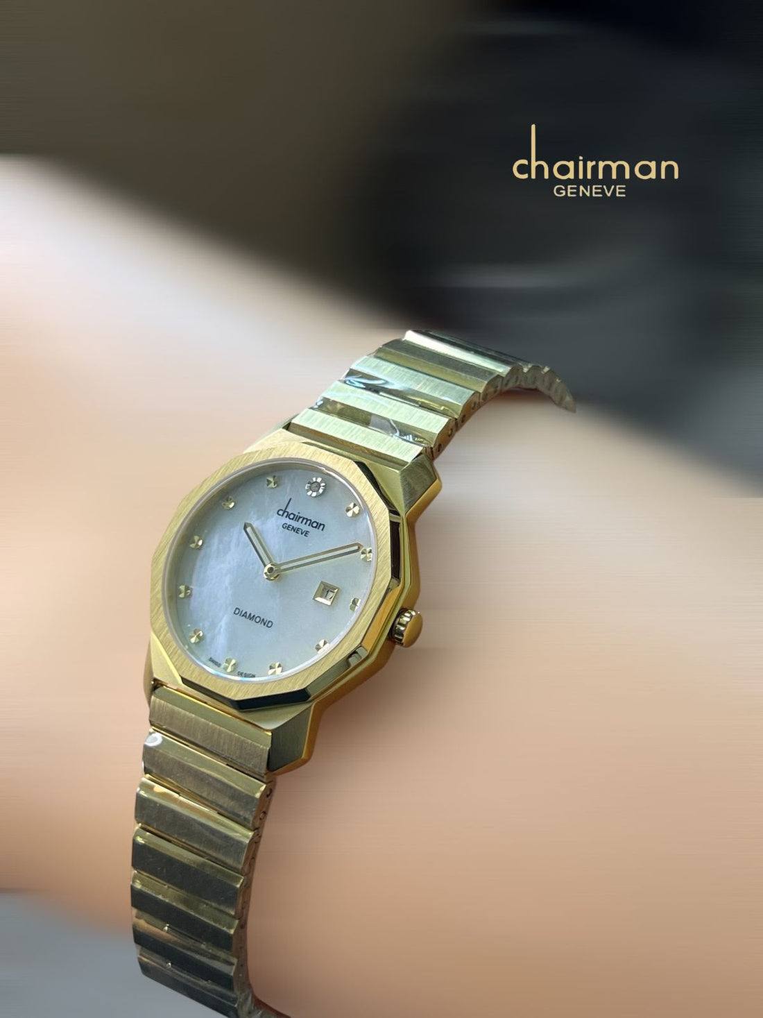 Chairman Geneve Diamond Dated White Dial Gold Chain Ladies Watch