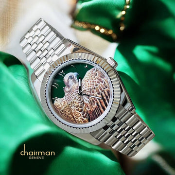 Chairman Geneve Eagle Photo Arabic Green Dial Silver Chain Gents Watch