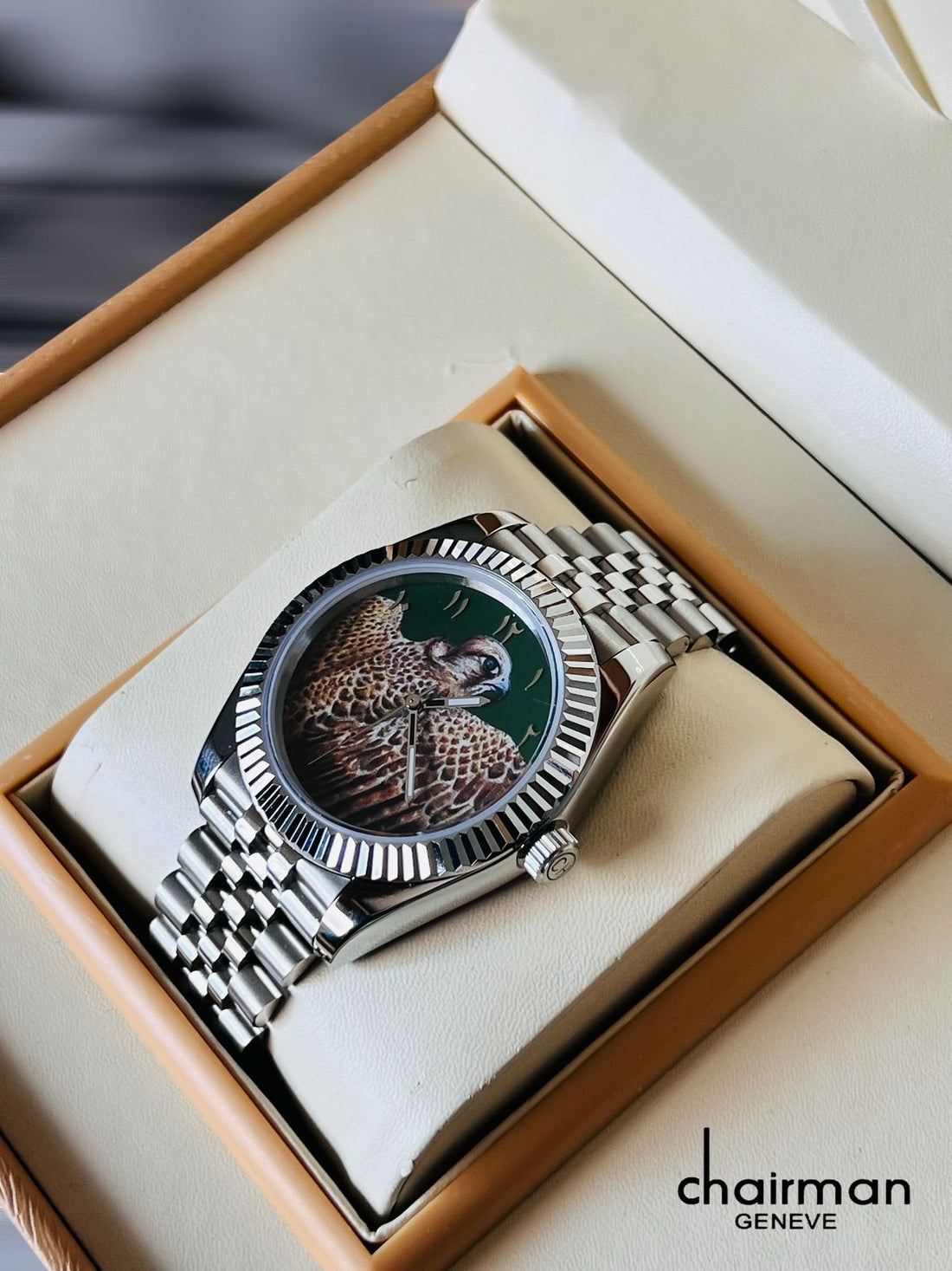 Chairman Geneve Eagle Photo Arabic Green Dial Silver Chain Gents Watch