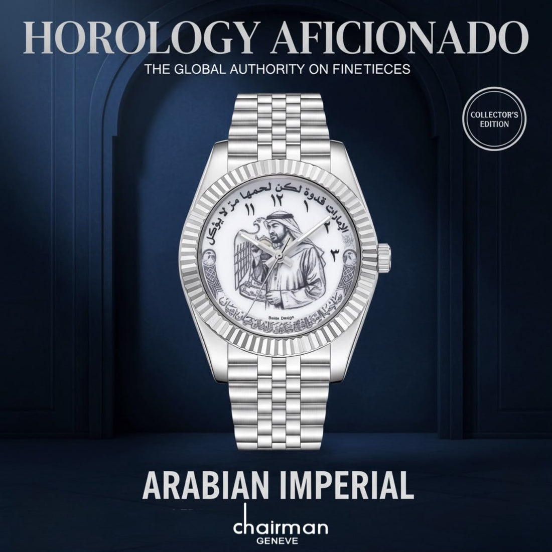 Chairman Geneve Emirati Legacy UAE Sheikh Flag Arabic White Dial Silver Chain Gents Watch
