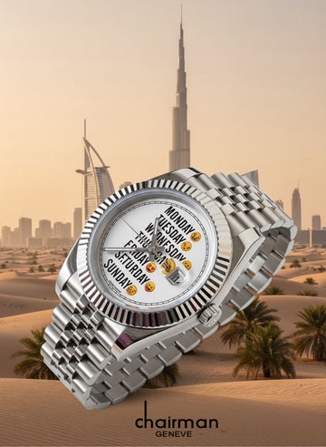 Chairman Geneve Emoji Time White Days And Dated Dial Silver Chain Gents Watch
