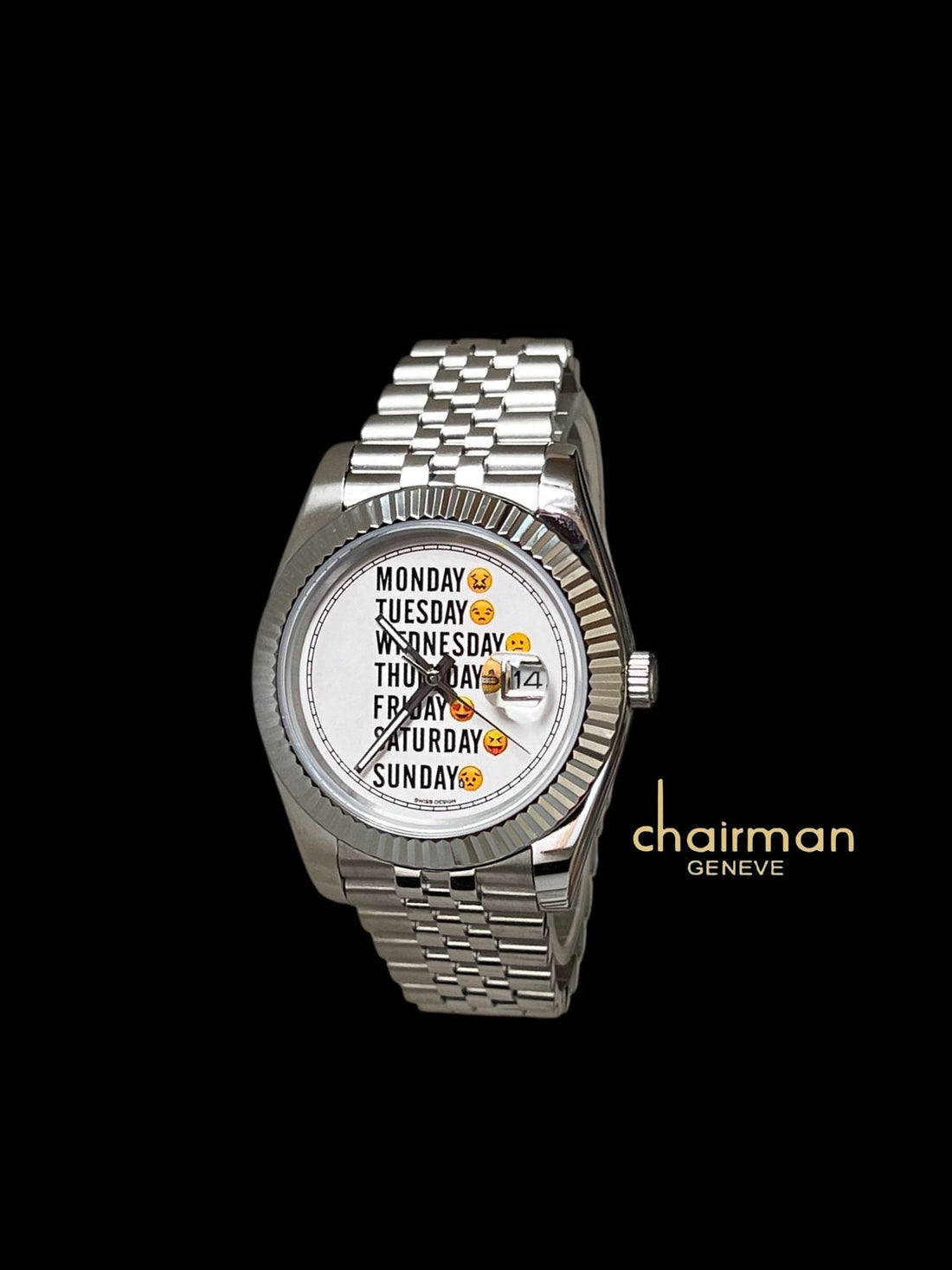 Chairman Geneve Emoji Time White Days And Dated Dial Silver Chain Gents Watch