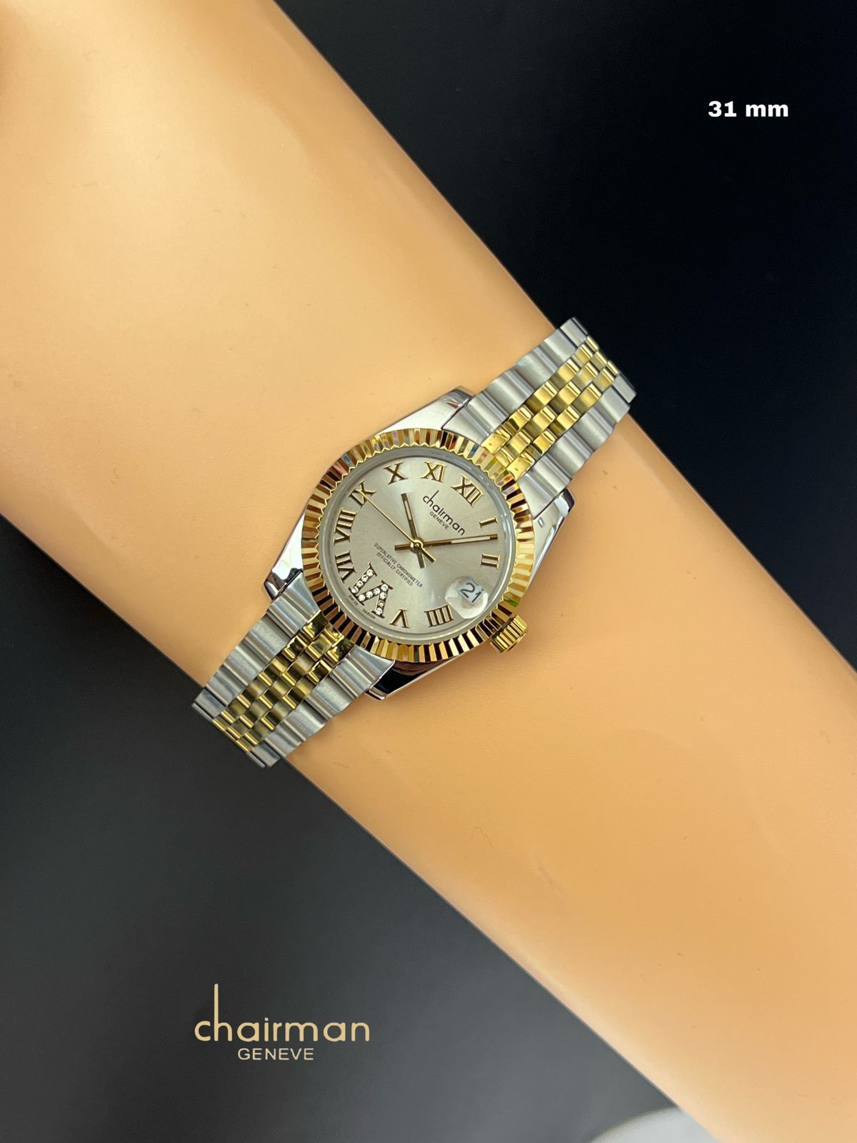 Chairman Geneve Grey Dated Roman Dial Silver Gold Chain Gents Watch