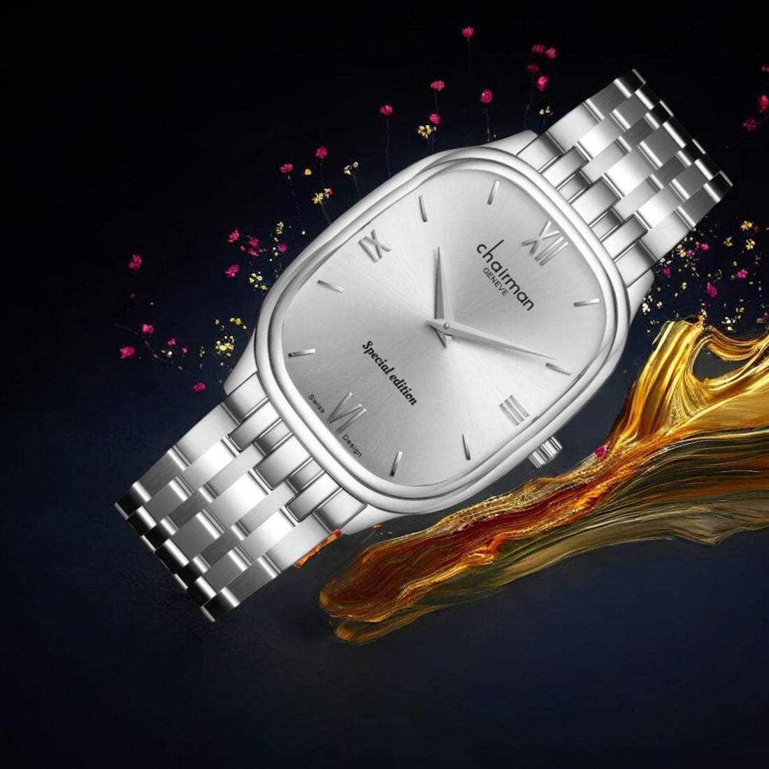 Chairman Geneve Grey Roman Dial Silver Chain Gents Watch