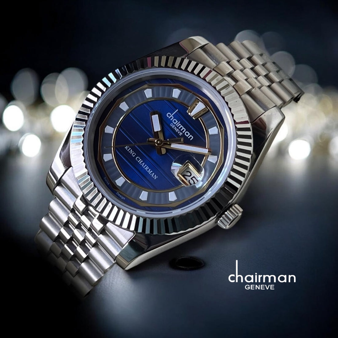 Chairman Geneve King Chairman Blue Dated Dial Silver Chain Gents Watch