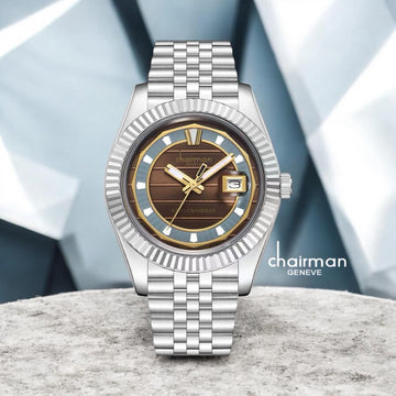 Chairman Geneve King Chairman Dated Brown And Grey Dial Silver Chain Gents Watch