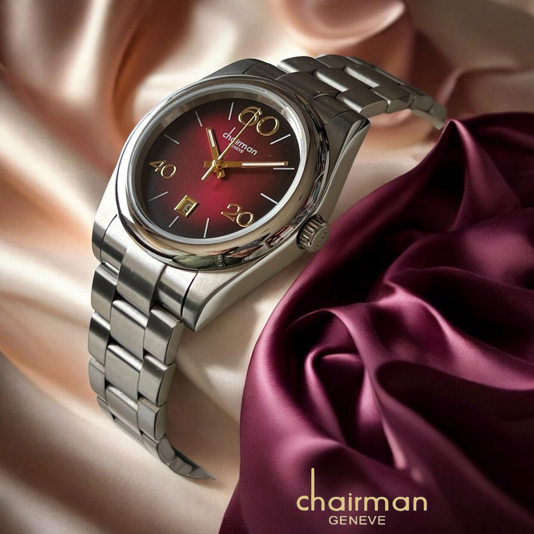 Chairman Geneve Maroon And Black Dated Dial Silver Chain Gents Watch