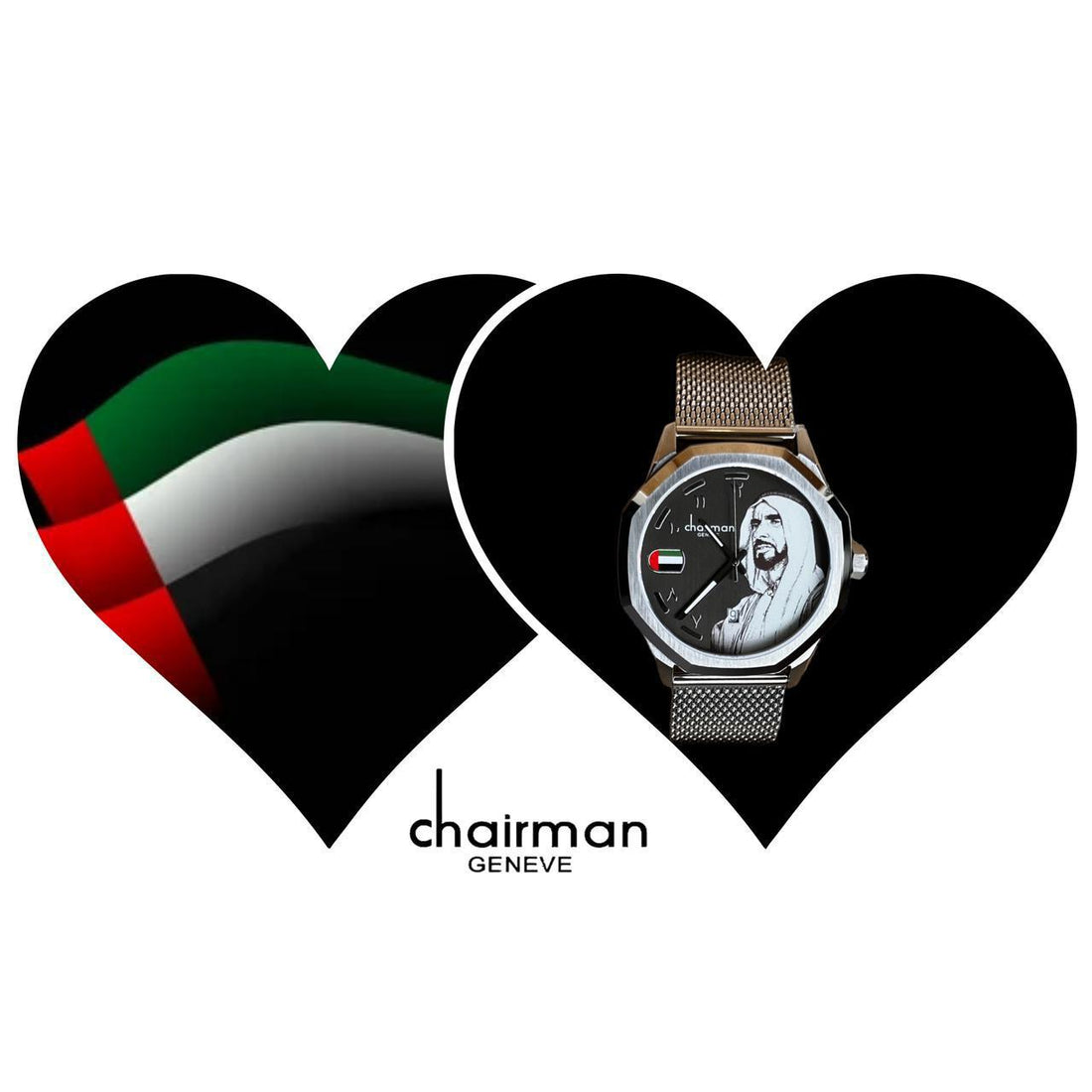 Chairman Geneve National Day UAE Flag Sheik Photo Black Arabic Dial Silver Chain Gents Watch
