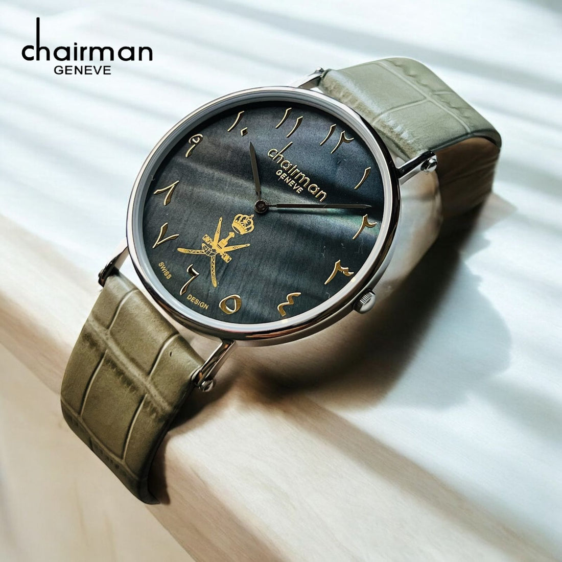 Chairman Geneve OMAN Emblem Arabic Black Dial Grey Strap Gents Watch