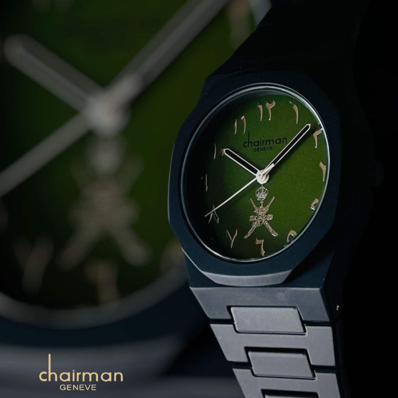 Chairman Geneve OMAN Emblem Arabic Green Dial Black Chain Gents Watch