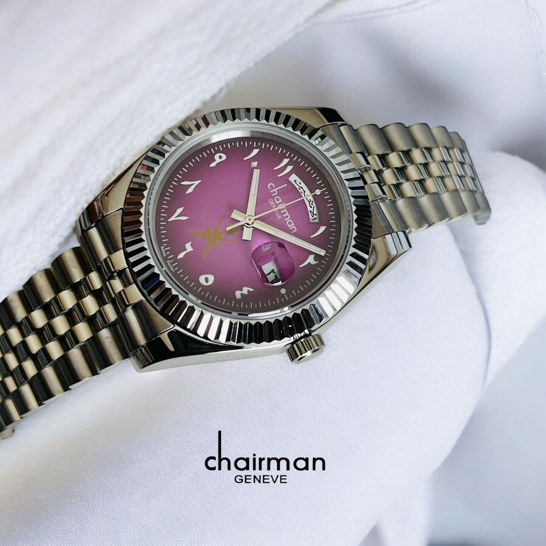 Chairman Geneve OMAN Emblem Arabic Purple Dated Dial Silver Chain Gents Watch