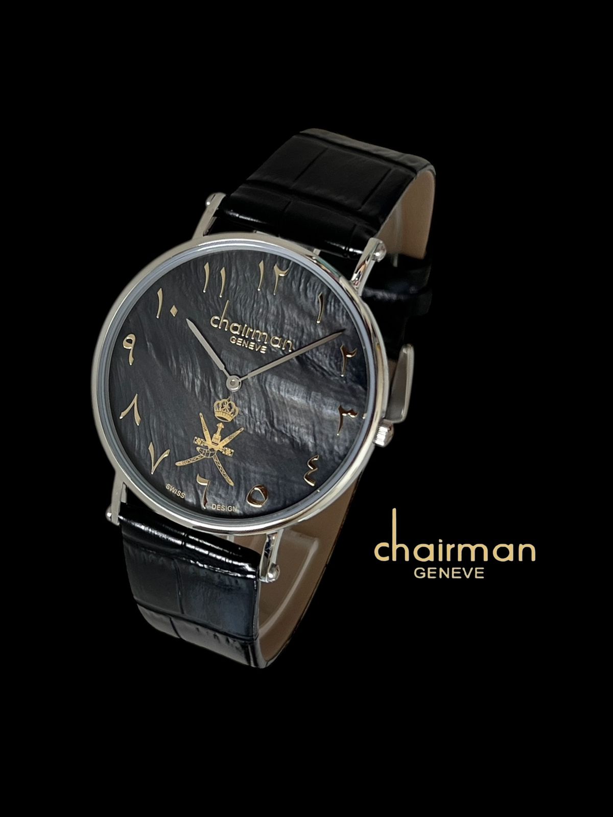 Chairman Geneve OMAN Emblem Black Marble Dial Black Strap Gents Watch