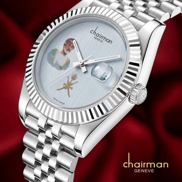Chairman Geneve OMAN Emblem Dated Baby Grey Dial Silver Chain Gents Watch