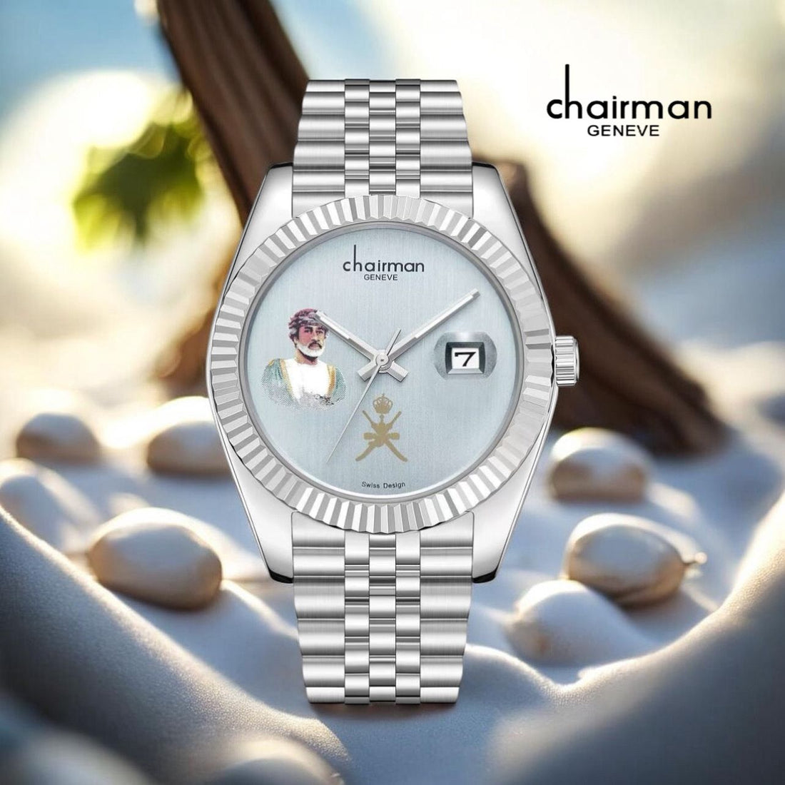 Chairman Geneve OMAN Emblem Dated Baby Grey Dial Silver Chain Gents Watch